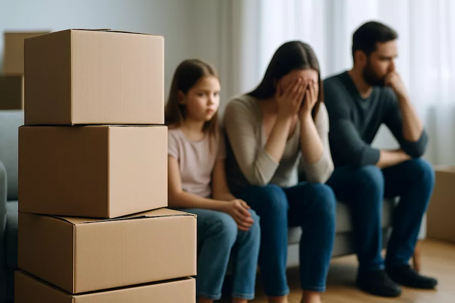 kartong staplad med känslosam familj i bakgrunden – flytt vid skilsmässa