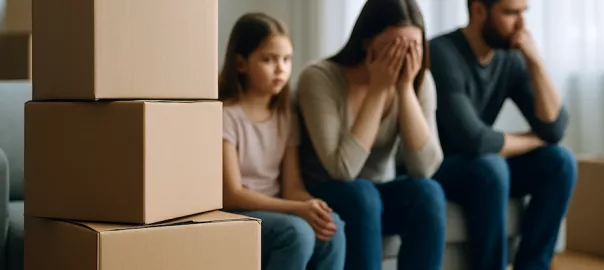 kartong staplad med känslosam familj i bakgrunden – flytt vid skilsmässa